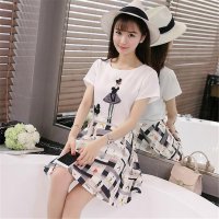 2016新款两件套裙韩版时尚短袖T恤 欧根纱短裙套装
