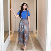 2016时尚短袖T恤 印花仙人掌雪纺背带裤阔腿裤套装