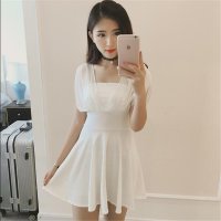 2016韩女装迷人拼接雪纺裹胸背后绑带高腰连衣裙