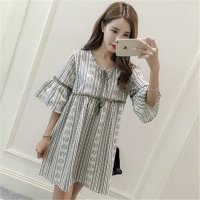 2016夏装新款大码显瘦喇叭袖淑女棉麻连衣裙女