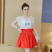 2016夏女装木耳边蕾丝短袖清新可爱字母亮片雪纺衫