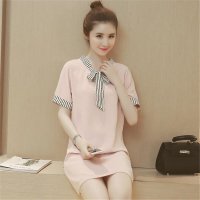 2016女装时尚气质裙条纹蝴蝶结围巾领五分袖连衣裙