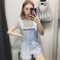 2016韩国学院风字母刺绣背带裤短裤连体裤女