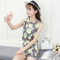 2016韩版新款时尚修身印花露脐背心高腰阔腿短裤两件套装女