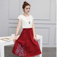 2016夏季新款棉麻套装连衣裙修身短袖T恤刺绣两件套