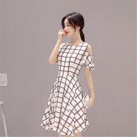 2016夏装新款圆领肩部镂空荷叶袖格子印花短袖连衣裙