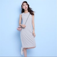 2016夏装新款休闲短袖针条纹度假海边长裙连衣裙
