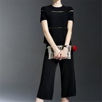 2016夏装新款气质镂空短袖上衣修身五分阔腿裤针织套装女