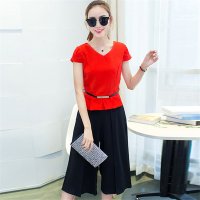 2016时尚套装女夏装新款修身休闲短袖雪纺上衣阔腿裤两件套
