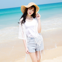 2016夏季沙滩度假蕾丝流苏防晒衣中长款蕾丝罩衫外套女