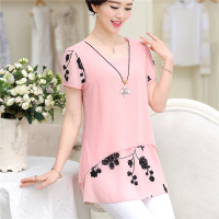 2016夏装新款中老年女装假两件短袖雪纺衫大码妈妈装上衣