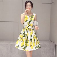 2016新款韩版清新柠檬印花无袖连衣裙中长款系带大摆裙女