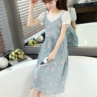 2016学院风甜美碎花雪纺吊带裙子中长款V领百褶连衣裙女