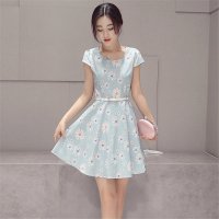 2016新甜美夏装淑女圆领小雏菊花朵短袖棉麻连衣裙