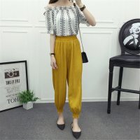 2016夏松紧腰弹力皱褶雪纺哈伦裤九分灯笼百褶小脚裤女