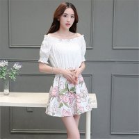 2016夏装新款时尚套装韩版蕾丝印花两件套裙短袖修身连衣裙女