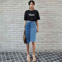 2016拼色 不规则 中长款 牛仔半裙女