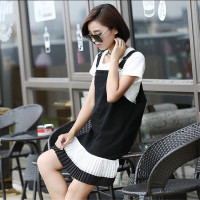 2016夏季新款女装韩国牛仔雪纺拼接百褶下摆背带裙连衣裙