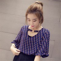 2016夏宽松甜美雪纺衫中袖碎花v领短款喇叭袖雪纺T恤