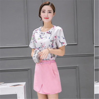2016新款夏装韩版套裙两件套短袖圆领印花时尚休闲连衣裙