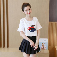 2016新款韩版喇叭袖甜美小鱼印花T恤 百褶半身短裙学生套装