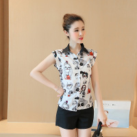 2016韩版名媛小香风印花短袖衬衫修身显瘦短裤套装