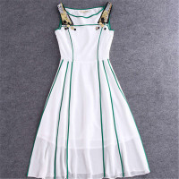 2016夏季新款女装潮流一字领重工钉珠拼条连衣裙