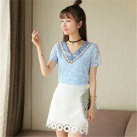 2016夏季新款女装百搭V领亮片蕾丝短袖 短裙套装连衣裙
