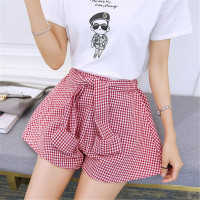 2016夏装女新款韩版打结棉布格子休闲女高腰A字半身裙裙裤