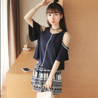 2016夏装新款女装时尚潮露肩上衣 波普短裤套装两件