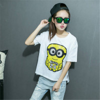 2016欧洲站夏季新款韩版大码板宽松休闲女半袖竹节棉小黄人亮片T恤衫