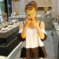 2016韩版新款夏日时尚黑白撞色百搭宽松露肩吊带上衣衬衣