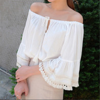 2016韩版新款防晒大喇叭袖流苏露肩系带宽松衬衫女