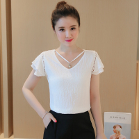 2016韩版V领吊坠 飞飞袖雪纺衫 小衫女