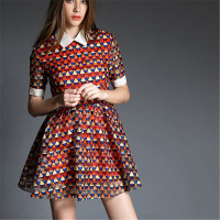 2016夏装波普风印花娃娃领修身气质短袖连衣裙
