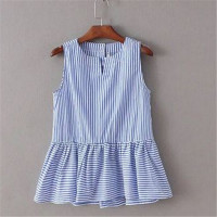 2016夏季时尚蓝色条纹背心女甜美无袖荷叶边裙摆娃娃衫T恤