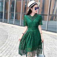 2016夏新款女装气质女神范钩花须边连衣裙