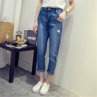 2016女装新款加大加肥apple6绣花苹果弹力牛仔九分裤