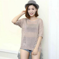 2016毛织针织女装毛衣短款圆领套头衫够花镂空大码夏装