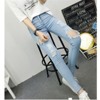 2016夏季女韩版做旧浅色膝盖破洞牛仔裤女裤九分裤乞丐裤
