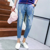 2016夏潮流破洞九分男士长裤英伦弹力修身小脚牛仔裤