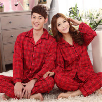 2016新款婚庆大红格子睡衣套装喜庆翻领开扣情侣纯棉家居服