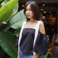 2016夏季韩版时尚配色性感衬衫女露肩雪纺衫