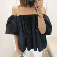 2016夏季女装新款修身露肩棉上衣女性感一字肩衬衣体恤