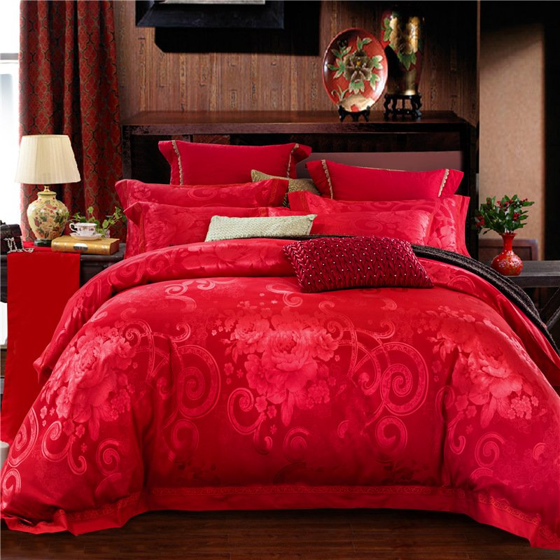 高档贡缎丝棉提花四件套大红系列爱意浓浓双人床1.5/1.8m床2m床标准大号婚庆用品