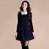 雅泊妮 连衣裙 新款女装波点娃娃领时尚长袖职业拼接修身打底蓬蓬连衣裙