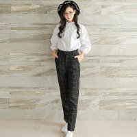 雅泊妮秋冬新款复古英伦格子高腰哈伦裤休闲裤女小脚呢子西装裤