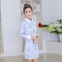 雅泊妮2015秋冬新款修身打底裙子小翻领印花长袖连衣裙
