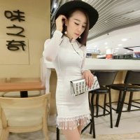 雅泊妮2015新款性感网纱拼接复古风改良旗袍连衣裙 长袖