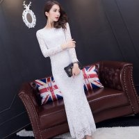 雅泊妮春秋季女装性感包臀长裙圆领高腰露背蕾丝鱼尾裙连衣裙长袖